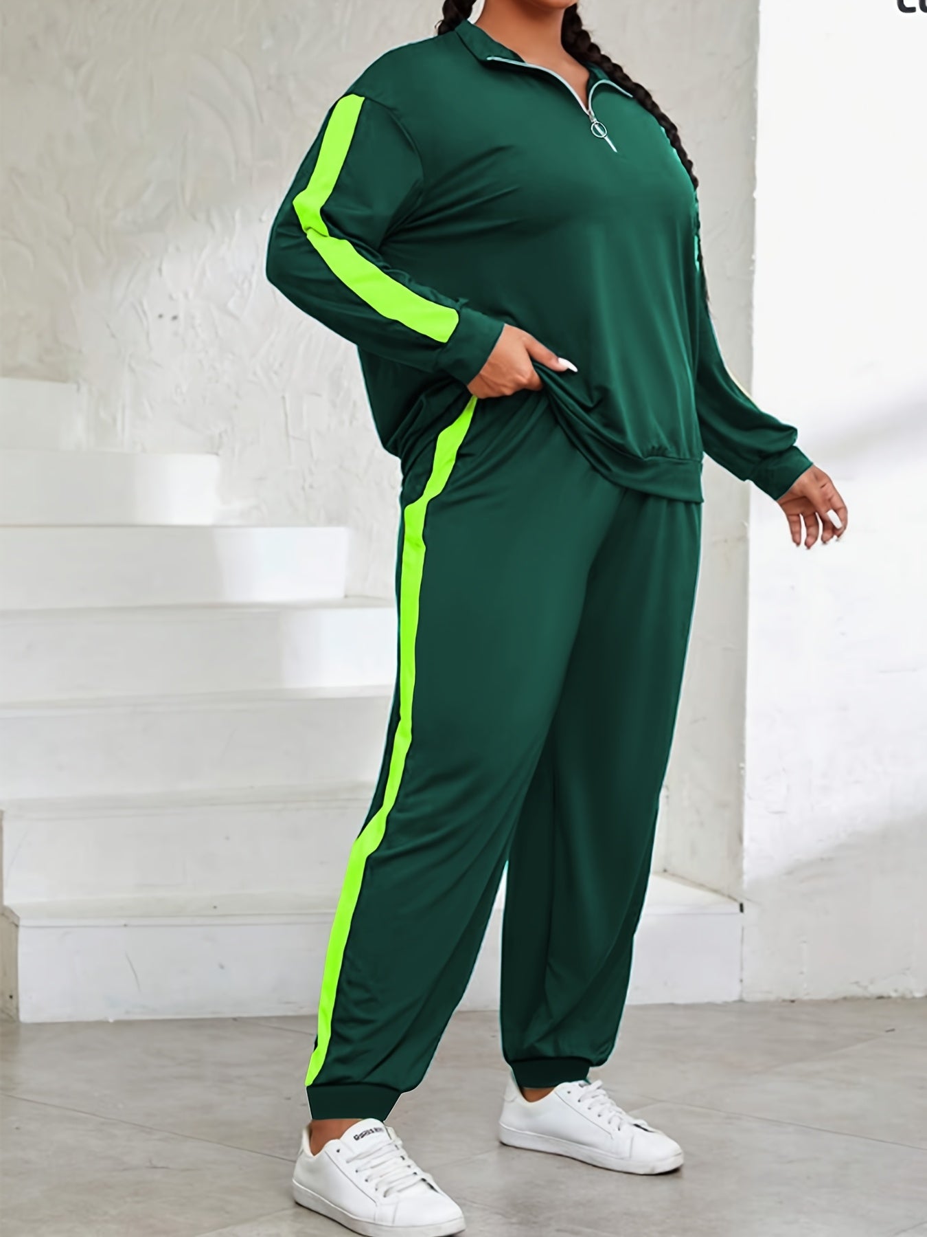 Plus Size, Plus Size Women's Spring And Autumn Contrast Color Casual Suit, Half Zip Pullover Long Sleeve Top And Trousers Two-Piece Set