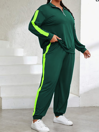 Plus Size, Plus Size Women's Spring And Autumn Contrast Color Casual Suit, Half Zip Pullover Long Sleeve Top And Trousers Two-Piece Set