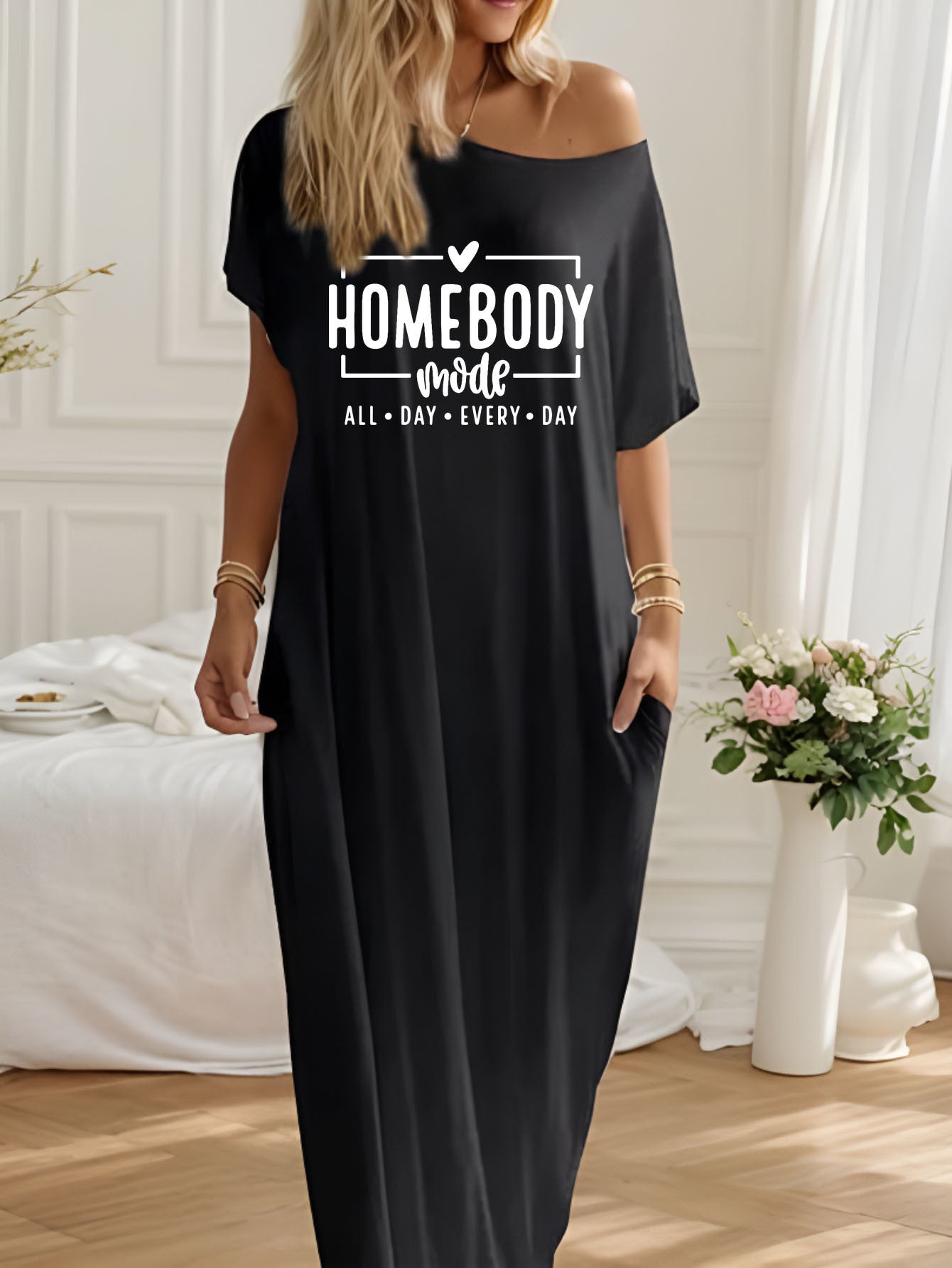 Relaxed Off-Shoulder Maxi Dress • Homebody-Themed Graphic Print • Suitable for Lounging, Outings, Or Gifting • Great Choice for New Year, Christmas, Valentine's Day, And More