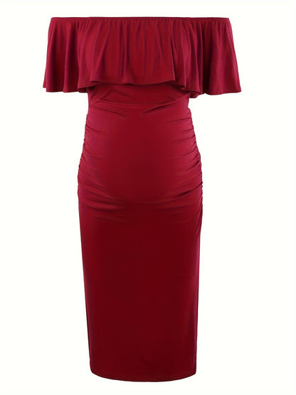 Women's Maternity Dress Off Shoulder Ruffle Sleeveless Bodycon Dress for Baby Shower