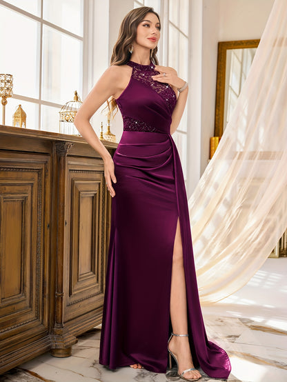 55630A Elegant Womens Sleeveless Sequin Lace Evening Maxi Dress Halter Neck Sheer Lace Patchwork Satin Ruched Waist Bodycon High Side Slit For Wedding Season Graduation Season Formal Wedding Guest Bridesmaid Cruise Party