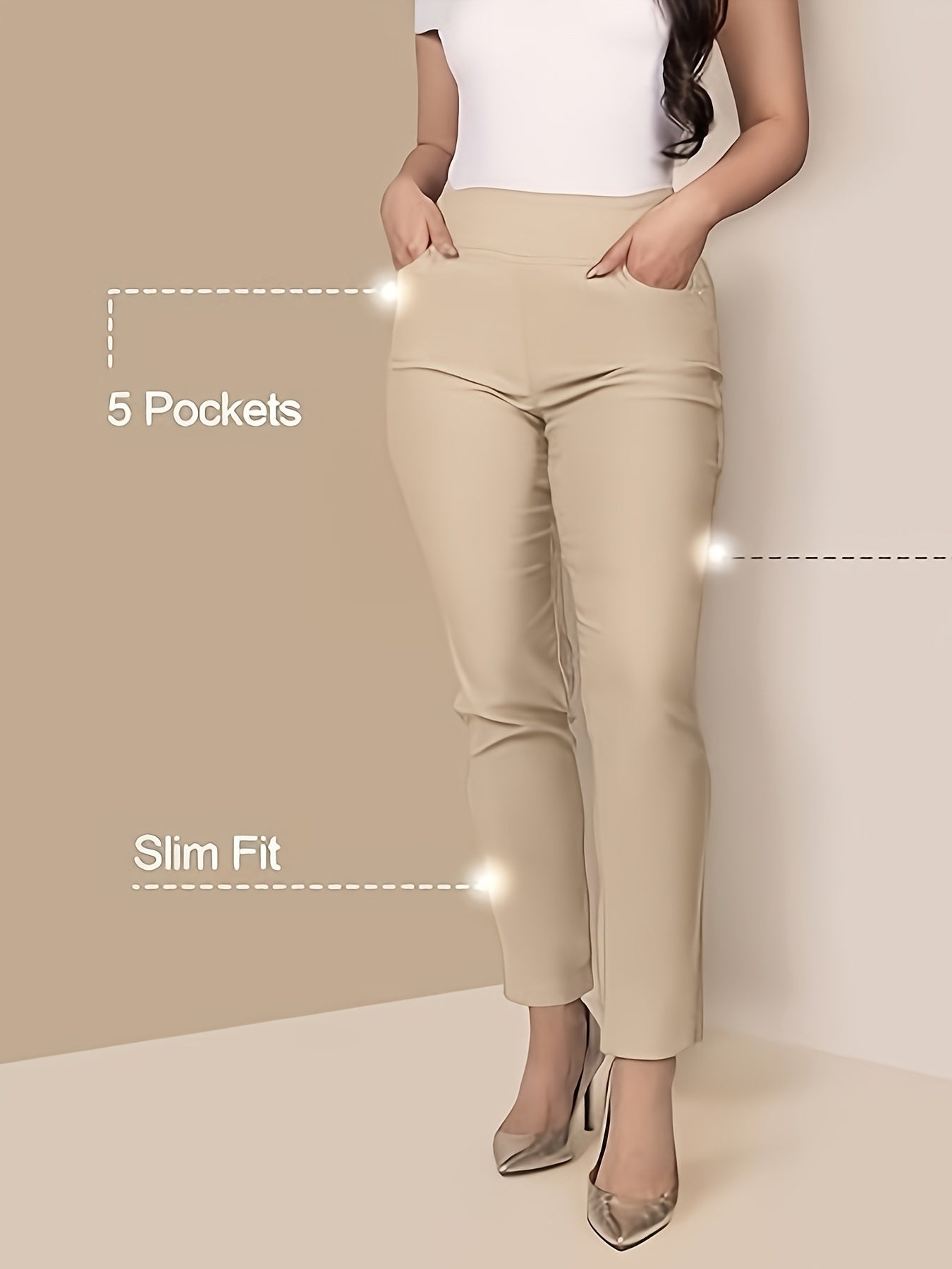 Slim Fit High-Waisted Pants for Women Featuring Five Pockets, Designed for Easy Pull-On Wear, Suitable for Work Or Casual Office Settings