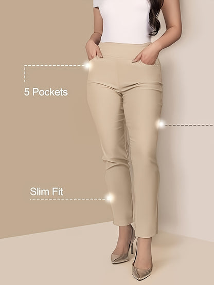 Slim Fit High-Waisted Pants for Women Featuring Five Pockets, Designed for Easy Pull-On Wear, Suitable for Work Or Casual Office Settings