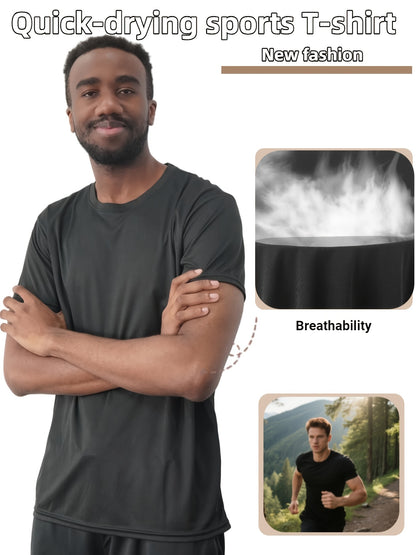 5pcs Men'S Summer Loose Crew Neck Short Sleeve T-Shirt - Check Fabric Top-Moisture-absorbent, Breathable, Soft And Comfortable For Daily Sports, Fitness And Training