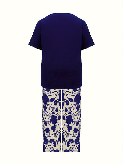 Plus Size Women's Botanical Print Two-Piece Set- Round Neck Tops with Random Floral Print Wide Leg Pants Featuring Pockets, Perfect for Spring and Summer Casual or Stylish Outfits