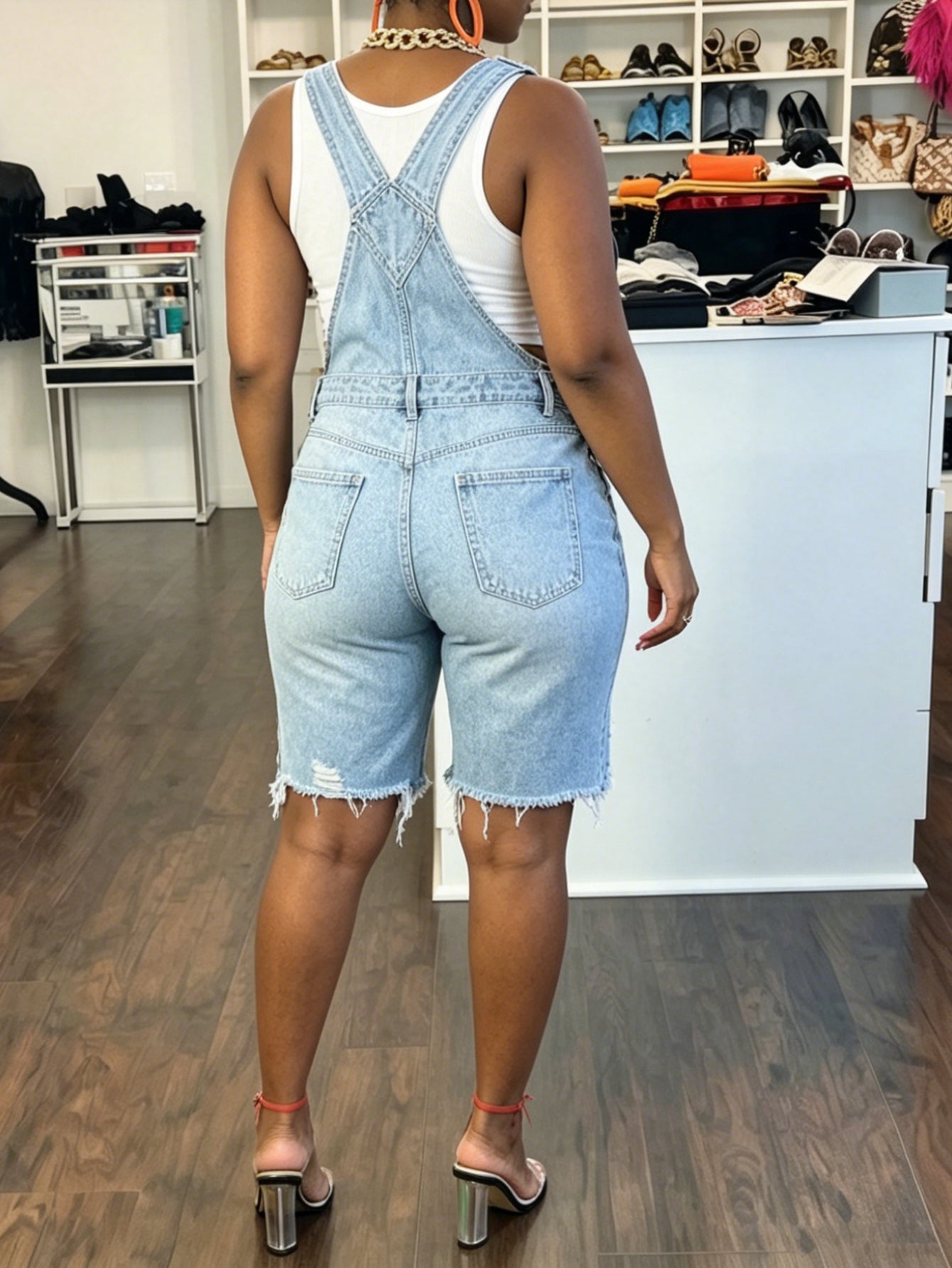 Women'S Denim Overalls - Light Blue Washed Straight Ripped Burrs Denim Jumpsuit