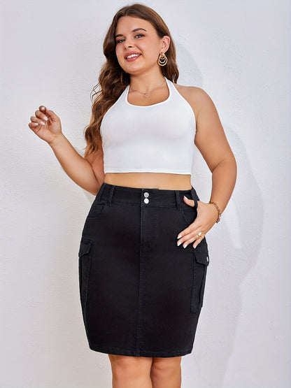 Women's Stylish Black Denim Midi Skirt with Multiple Pockets - Stretch Blend, Knee-Length, Machine Washable, Autumn Fashion Skirt|Button Detail Skirt| Texture Fabric