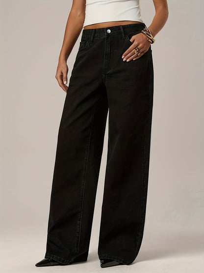 Women's Low-Rise Wide-Leg Stretch Jeans Pants - Beltless Straight-Leg Trousers with Button Closure & Internal Zipper, All-Season Black for, Casual & Formal Wear - Comfortable Loose-Fit Low Waist (No Belt Needed)
