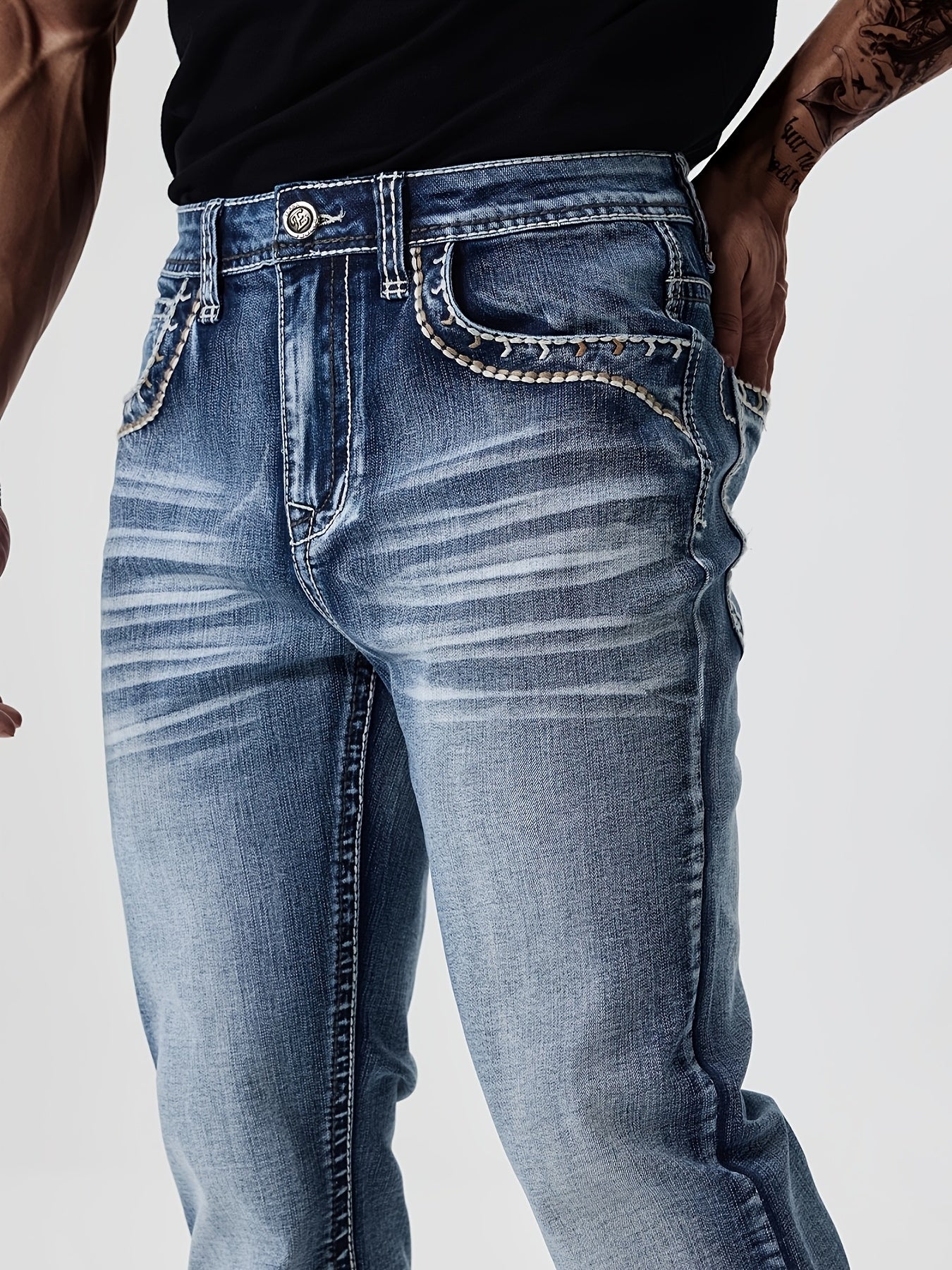 ESDVQ Men's Slim-Fit Classic Washed Denim Bell-Bottom Jeans - Mid-Stretch Machine-Washable Flared Pants with Suitable for All-Season Wear, Comfortable Stretchable Bell-Bottoms for Casual & Dressy Outfits