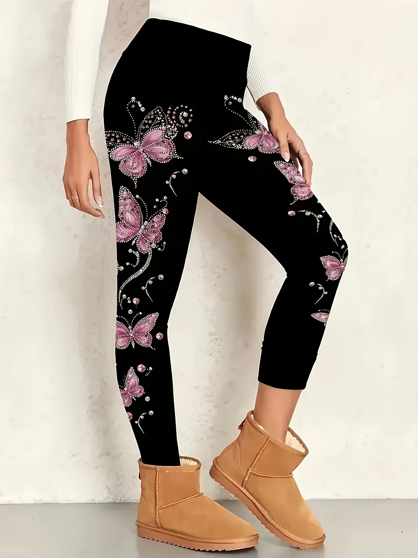 Plus Size, Plus Size - Women's Plus Size Elegant Pants - Stretchy Non - See - Through Leggings with Black & Pink Butterfly Print, All-Season Formal & Casual Pants for Everyday, Parties, Office - Non-Transparent Trousers for Women.