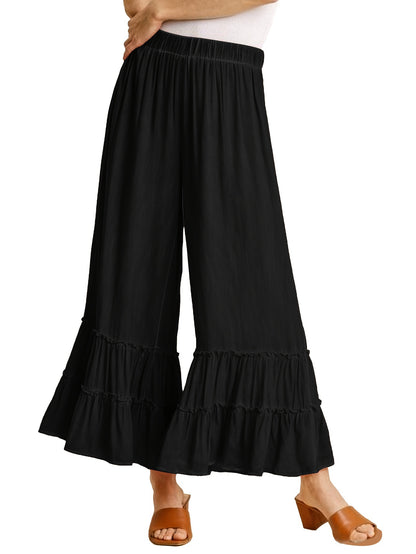 Women's Palazzo Pants For Elastic High Waisted Wide Leg Ruffle Ruched Loose Beach Trousers
