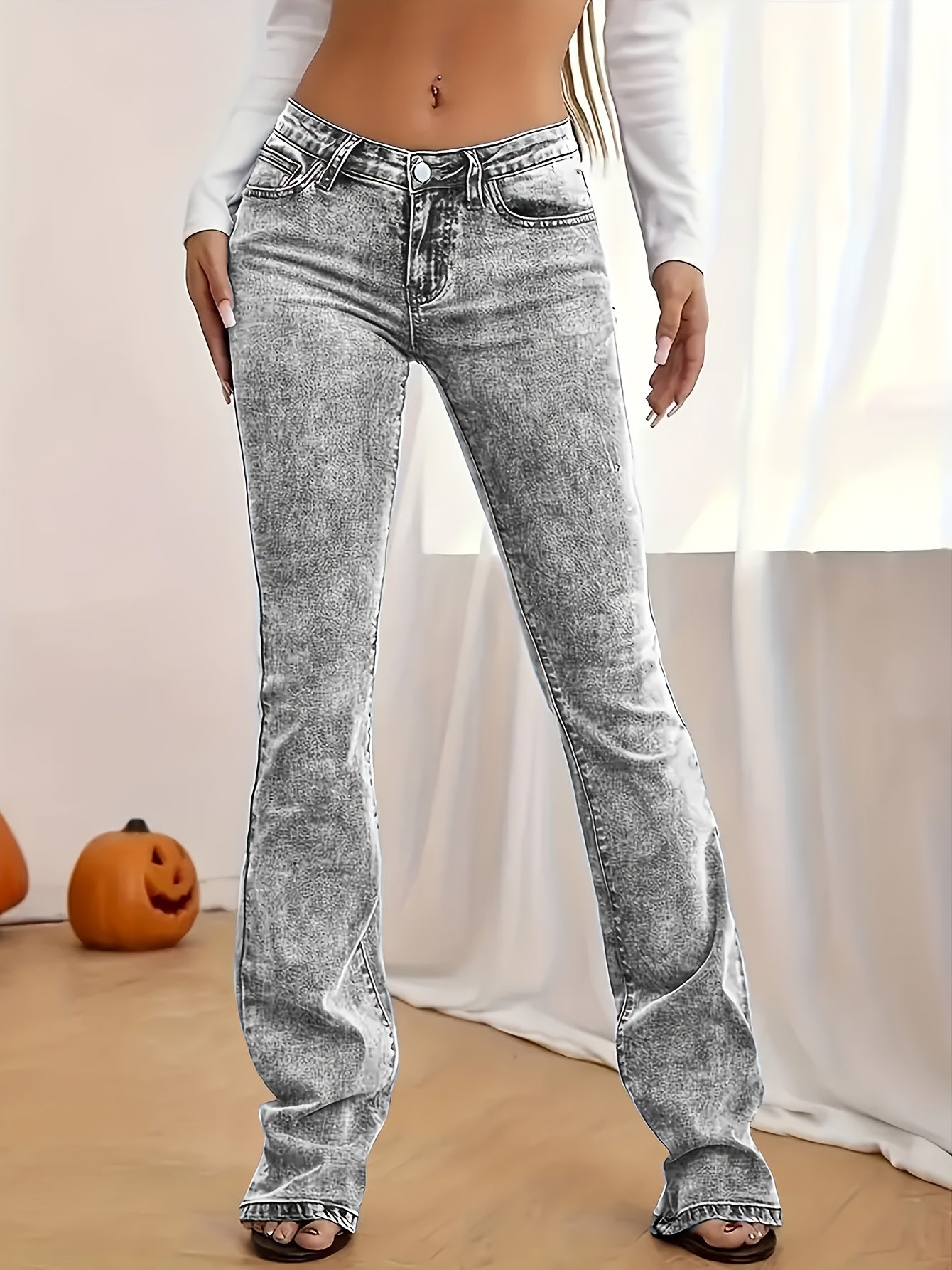 2026 NEW [Long Length Skinny Flare Jeans] Women'S Casual Skinny Flare Jeans, Long Length, Low Waist, Button Fly, Medium Stretch, All Seasons, Solid Color