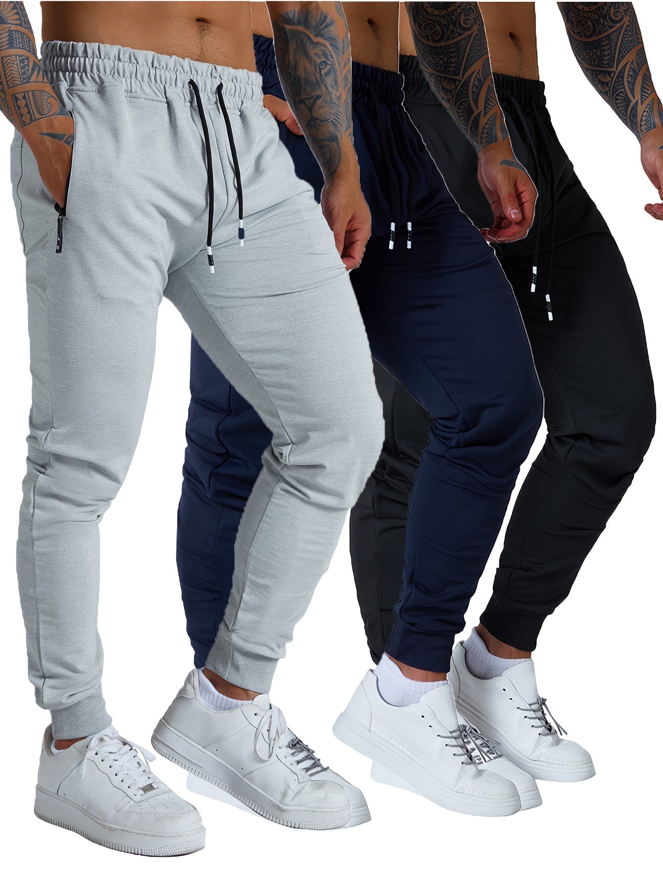 3PCS Men's Sweatpants with Zipper Pockets Tapered Joggers for Men - Athletic Pants for Workout, Jogging, Running - Breathable & Comfortable Fabric - Suitable for Men - Perfect for Fitness Enthusiasts
