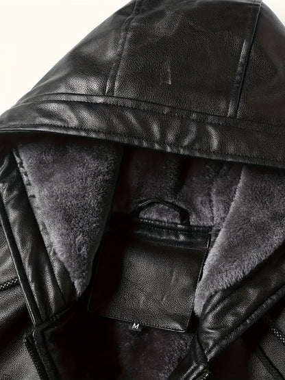 Men's Solid Color PU Faux-Leather Hooded Jackets, Trendy Thick Jacket for Spring Autumn