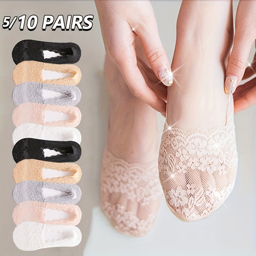 5 10 Pairs Women's Lace Thin Short Invisible Socks Breathable Hollow Out Design - product view 1