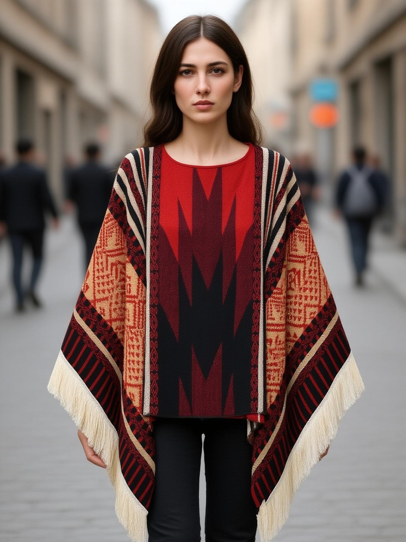 Men's Western Bandit Cape Coat with Tribal Print, Warm V-Neck Poncho with Tassel Trim for Outdoor Adventures, Fall and Winter Casual Wear (Brown/ White)