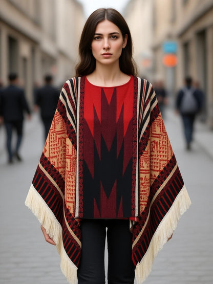 Men's Western Bandit Cape Coat with Tribal Print, Warm V-Neck Poncho with Tassel Trim for Outdoor Adventures, Fall and Winter Casual Wear (Brown/ White)
