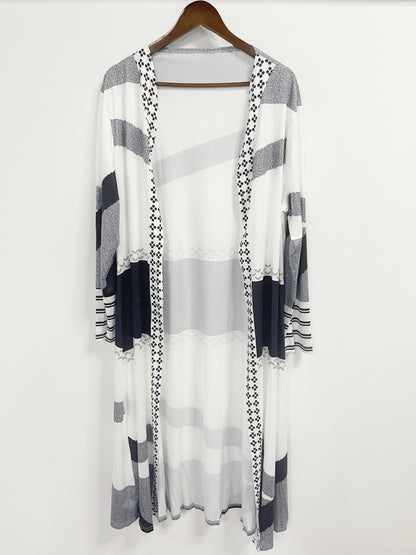 Home Relaxation| Women's Plus Size Geometric Print Open Front Cardigan - Casual Long Sleeve, Lightweight Knit Coat for Spring & Fall, Machine Washable, Lightweight Cardigan