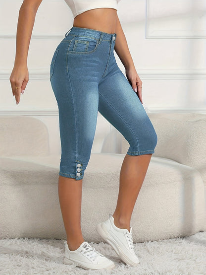 Women's Cropped Elastic Denim Mid Length Pants with Button Closure And Functional Pockets, Casual Style Cut Jeans, Comfortable for Daily Use