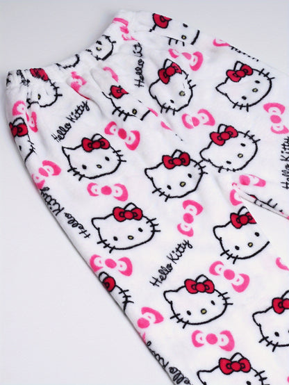 Sanrio KT Cat Pajama Pants for Women - 2pcs Sleepwear Set with Cute KT Cat Face & Full-Length Pants, Cozy Flannel Pajamas for s, - Nightwear ()