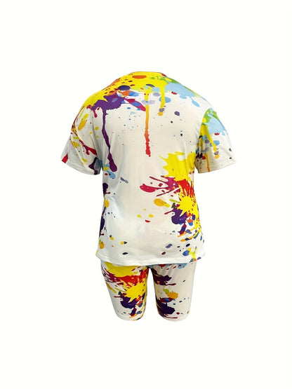 Plus Size Printed Fashion Suit Tie-Dye Breathable Short Sleeve T-Shirt & Shorts - Fashionable Casual Women's Wear Plus Summer Wear