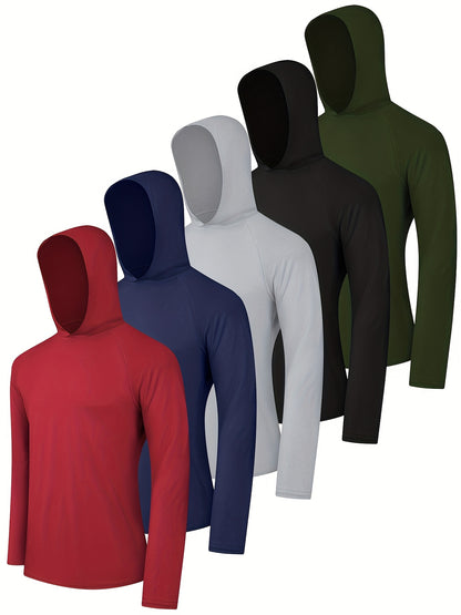 TELALEO 5pcs Men's Athletic Hoodies Long Sleeve Quick Dry Running Shirts with Thumb Holes Lightweight Rash Guards for Fishing