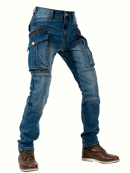 Men'S Wear-resistant Zipper Large Pocket Motorcycle Cycling Pants Vintage Washed Elastic Jeans