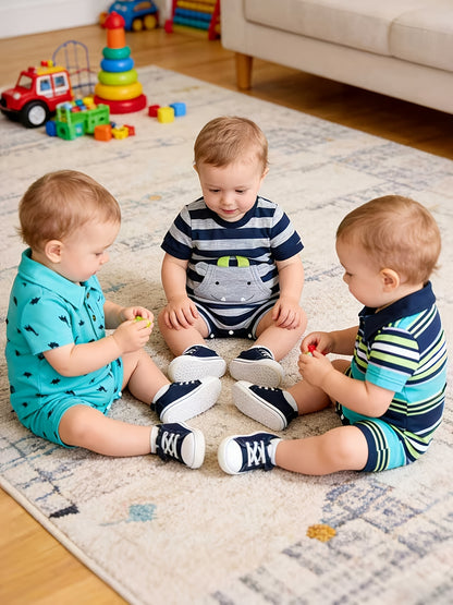 3pcs Baby Boy Summer New Cute Casual Collar Cool Little Monster Striped Jumpsuit 3pcs Set for Boys' Clothes, Perfect for Outdoor