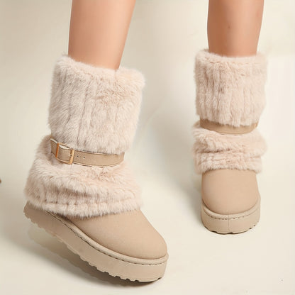 Women'S Mid-Calf Winter Boots with Plush Lining - Warm Fleece-Lined Upper, Adjustable Buckles And Slip-On Wide Fit for Cold Weather (Plus Size Available)