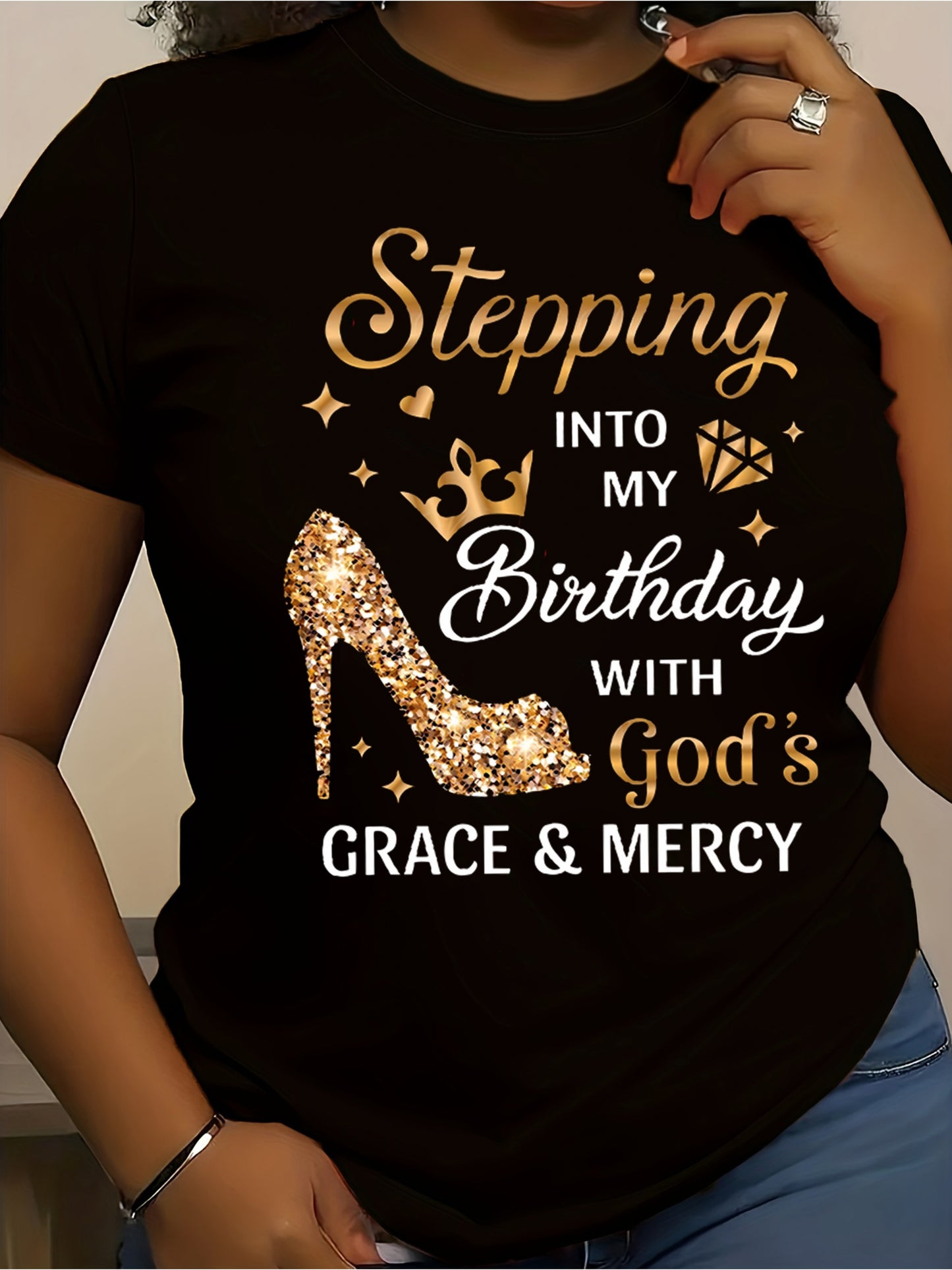 Women'S Birthday Celebration T-Shirt - "Stepping into My Birthday with God'S Grace & Mercy" Golden Glittery Text - White Casual Everyday & Party Top - All-Season Comfort Fit Tee for Women - Birthday Party Outfit Idea, Festive Attire, Playful Design, Breat