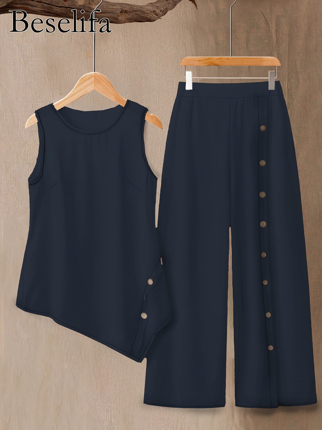 Spring and Summer Women's Casual Fashion Elegant Solid Color Round Neck Sleeveless Top Shirt and Pants 2pcs Set, for Outings and Vacations