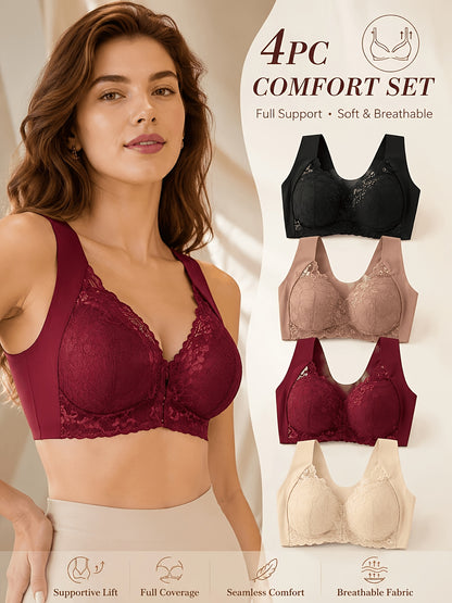 4pcs Elegant Floral Lace Push-Up Bra - Comfortable Wireless Design, Medium Support, Breathable Lining, Stylish Front Open Buckle, Wide Straps, And Jacquard Pattern - Perfect for Adult Women