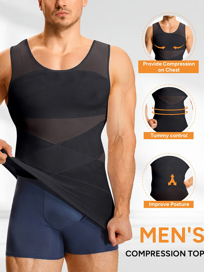 Men's High-Elasticity Compression Tank Top - Breathable Tummy Control Shirt with Semi-Sheer -Back, Tight-Fit Sleeveless Shirt Suitable for Gym, Postpartum & Body Shaping, Year-Round Wear