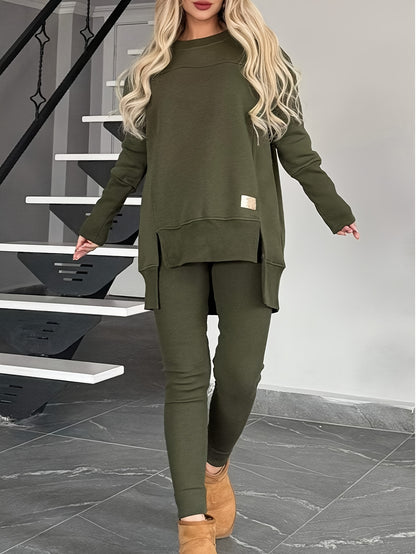 2pcs New Women'S Fashionable Casual Top with Slit Long Sleeves And Round Neck Casual Solid Color Set Suitable for Spring Workplace Commutes