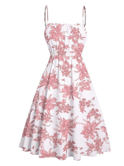 Floral Print Waisted Sleeveless Cami Dress And Solid Lace Up Short Sleeve Crop Top Set