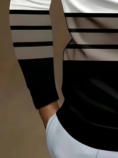 Men'S Long-Sleeve Polo Shirt with a Zip Collar, Featuring Stripes, Suitable for Spring And Autumn Fashion