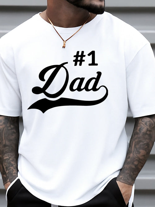 A Men's T-shirt, #1 Dad Pattern Print- Lightweight Breathable Crew Neck Short Sleeve Casual T-Shirt, Father's Day Gift, Summer Sports Casual Wear- Ideal Choice for Dad, Husband, Grandpa- All-Season White Shirt