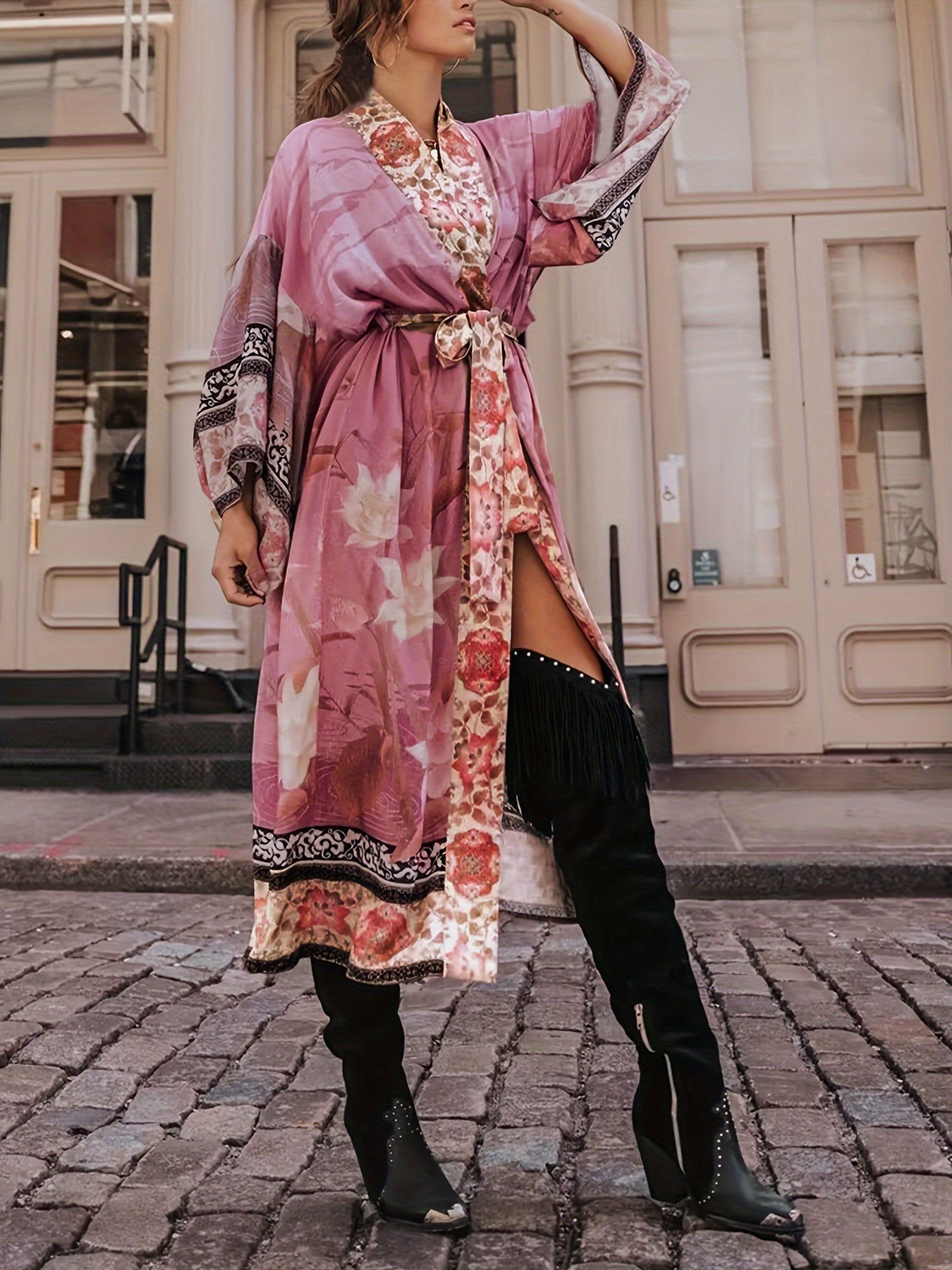 Floral & Crane Pattern Cover Up, Long Sleeves Loose Fit Beach Kimono Cardigan, Women's Swimwear & Clothing