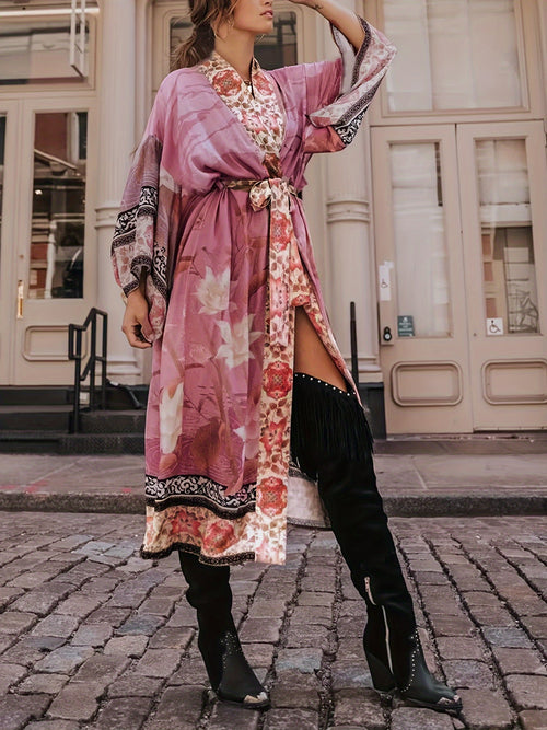 Floral & Crane Pattern Cover Up, Long Sleeves Loose Fit Beach Kimono Cardigan, Women's Swimwear & Clothing