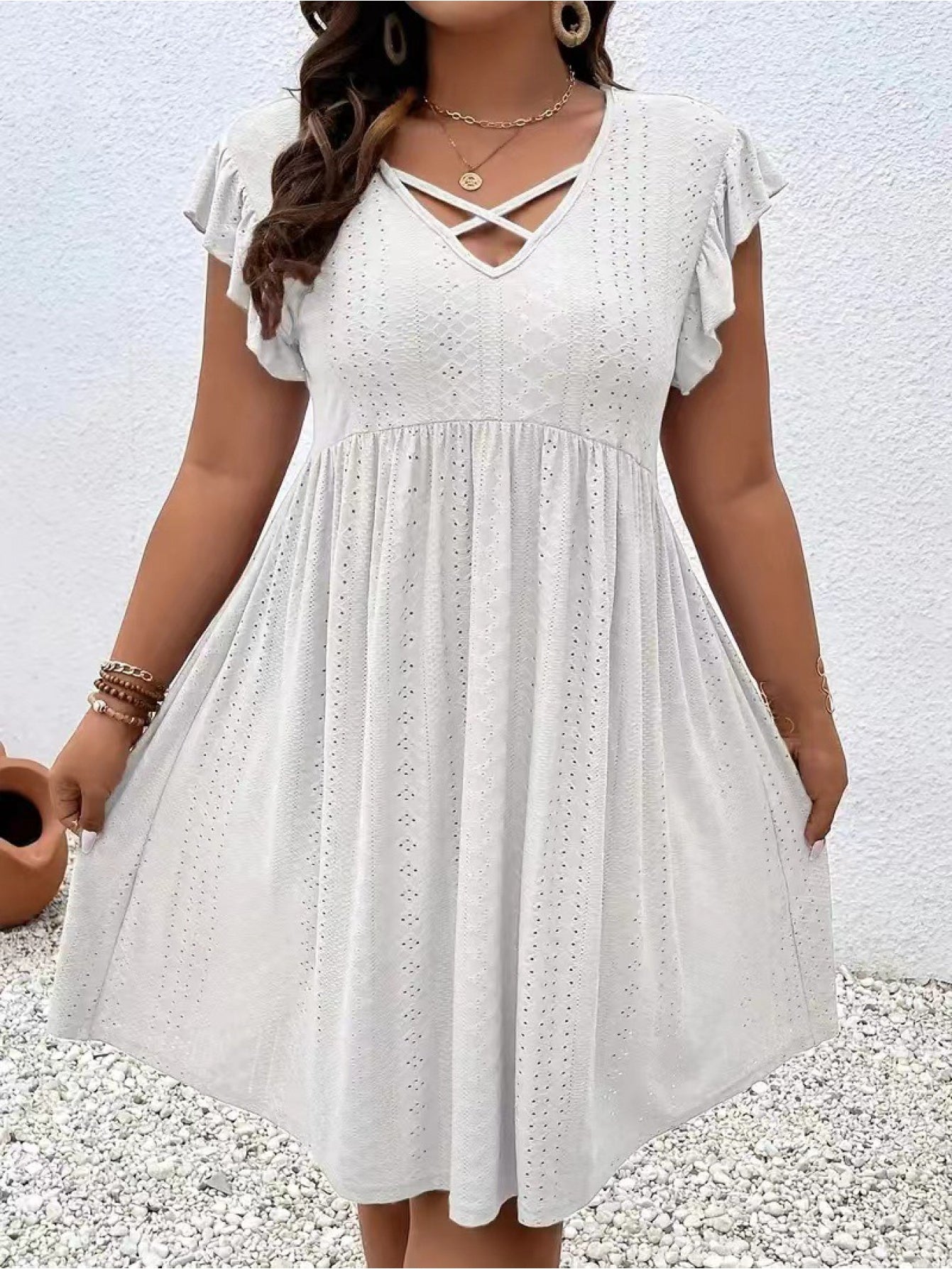 Plus Size - Summer Plus-Size Women'S Hollow-Out Embroidered Dress - Cross V-Neck with Ruffled Short Sleeves And a Flared Skirt, Made of Lightweight Breathable Fabric, Available in Sizes L-5XL, Suitable for Beach Or Casual Wear