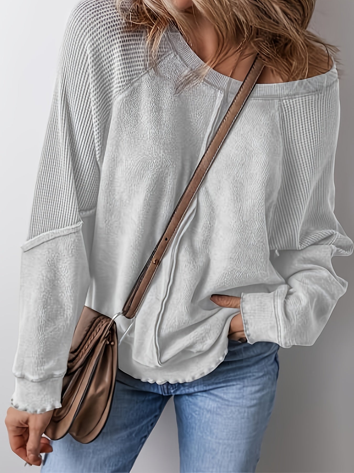 Women's Waffle Pattern Loose Splicing Long Sleeve Early Spring Street Fashion Style