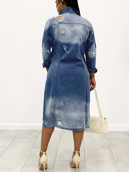 Long Denim Jacket With Worn Holes, Long Denim Trench Coat For Women