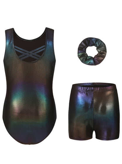 Girls' Sleeveless Gymnastics Bodysuit + Shorts + Headwear, Perfect for Outdoor