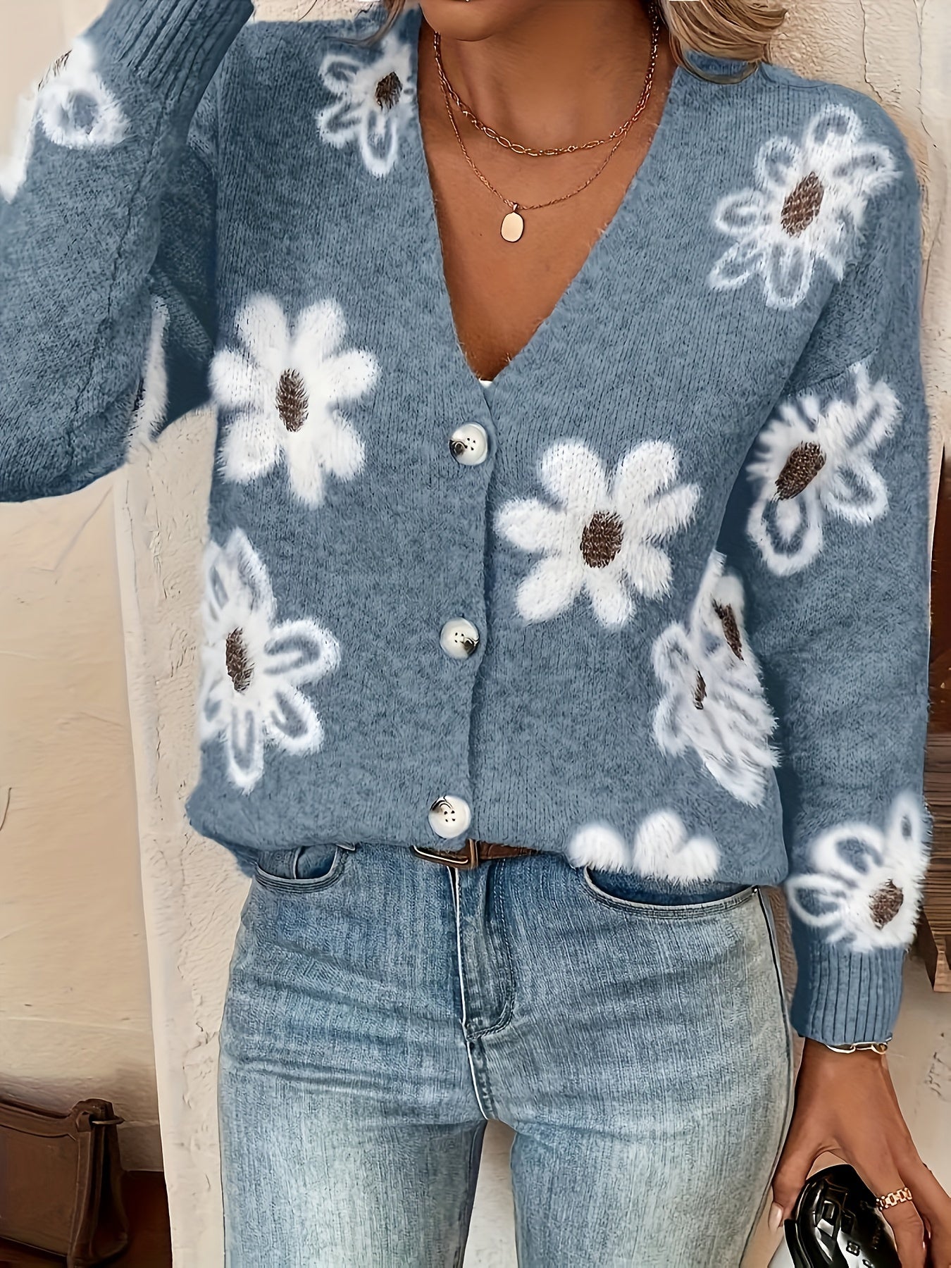 Women's Printed Button Cardigan V-neck Drooping Shoulder Coat