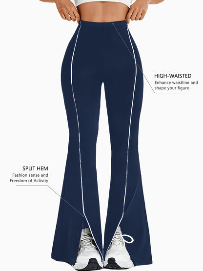 High-Waisted Slit Flared Pants with Side Lines, Elastic Pants, Retro And Versatile Casual Long Pants