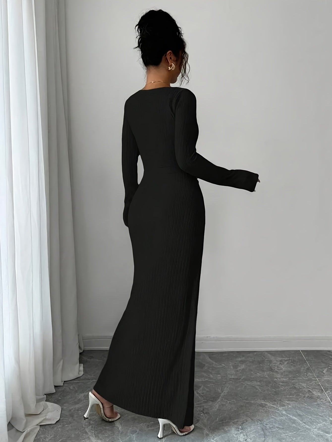 Women'S Solid Color Twisted Split Maxi Dress Asymmetrical Neck Slim Bodycon Fall Winter Elegant Fashion Dress