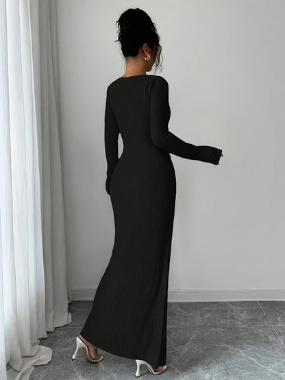 Women'S Solid Color Twisted Split Maxi Dress Asymmetrical Neck Slim Bodycon Fall Winter Elegant Fashion Dress