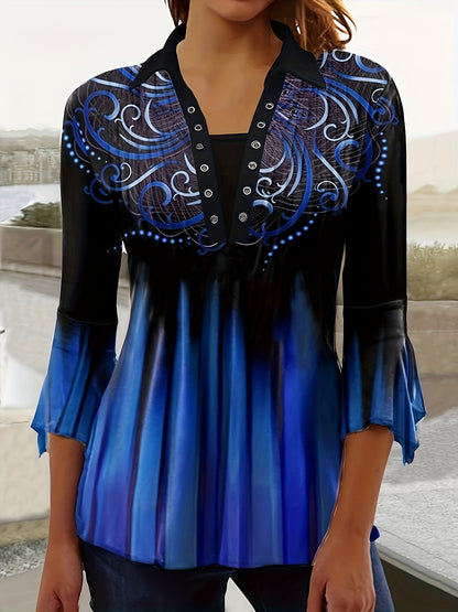 Spring And Autumn New Printed Lapel Blue Three-quarter Sleeve T-shirt Irregular Sleeve Button- Tops