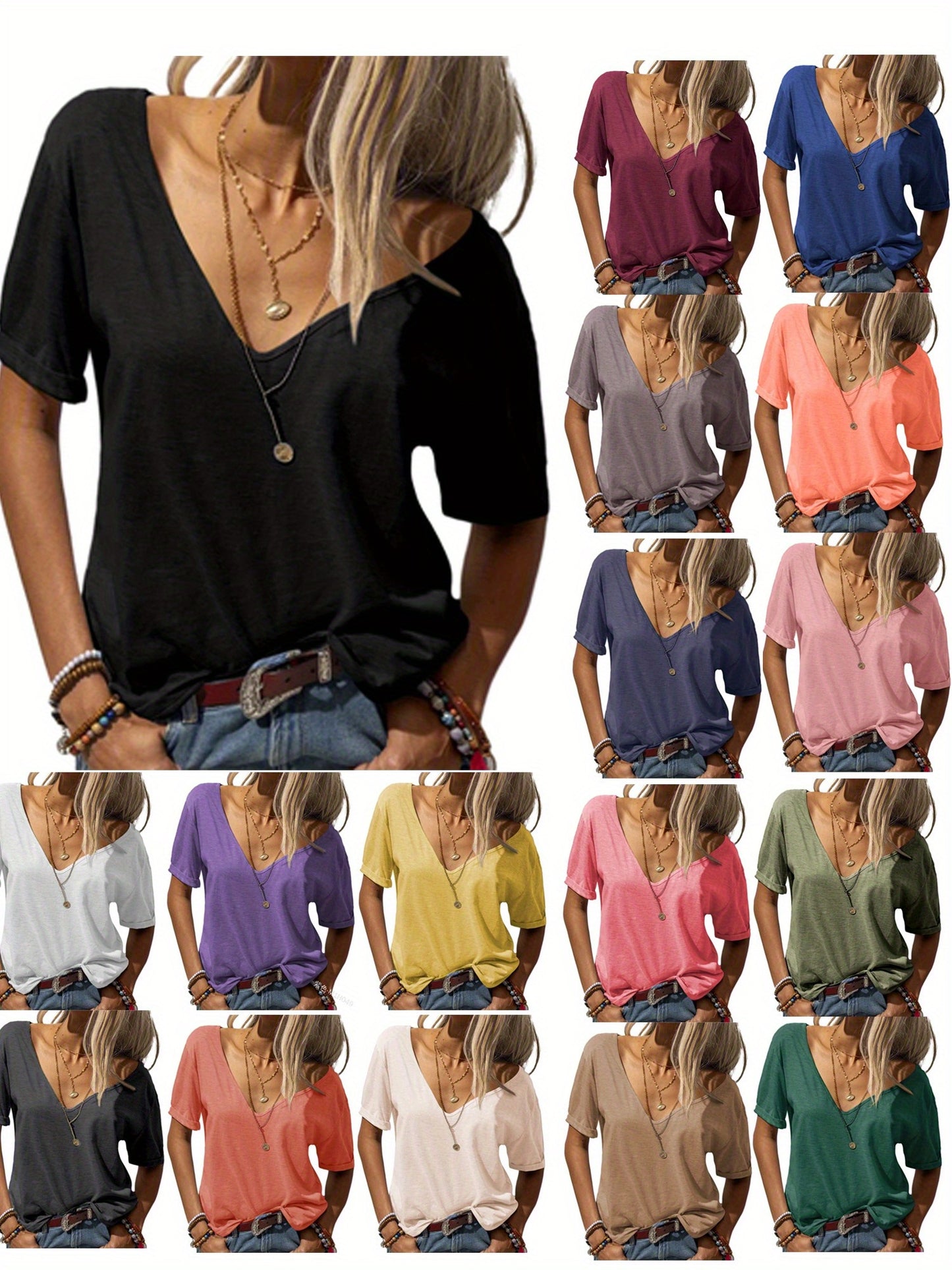 Casual Loose Basic T-Shirt for Women with a Deep V-Neck And Short Sleeves