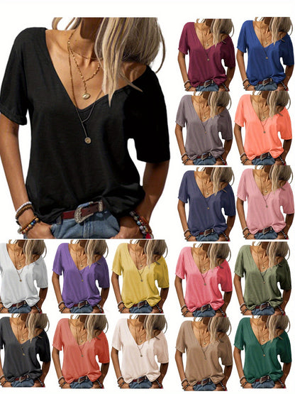 Casual Loose Basic T-Shirt for Women with a Deep V-Neck And Short Sleeves